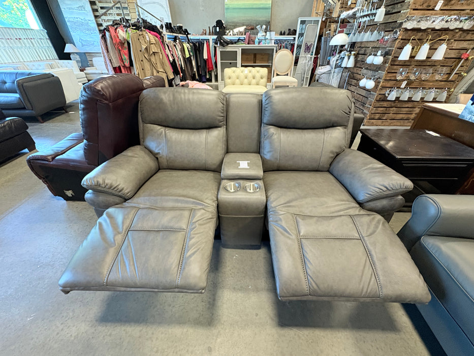 Two Seater Grey Leather Reclining Couch with Cupholders (new)