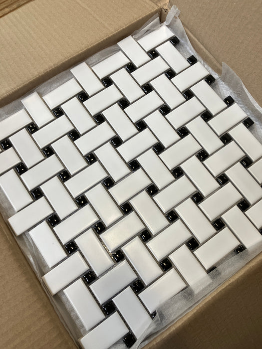 Merola Tile Basketweave Matte White Black Dot Porcelain Mosaic (new)