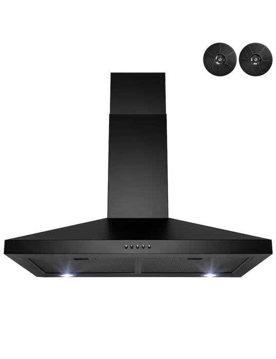 Golden Vantage 30" Wall Mount Range Hood in Black Painted Stainless Steel with Tempered Glass and Carbon Filters (new)