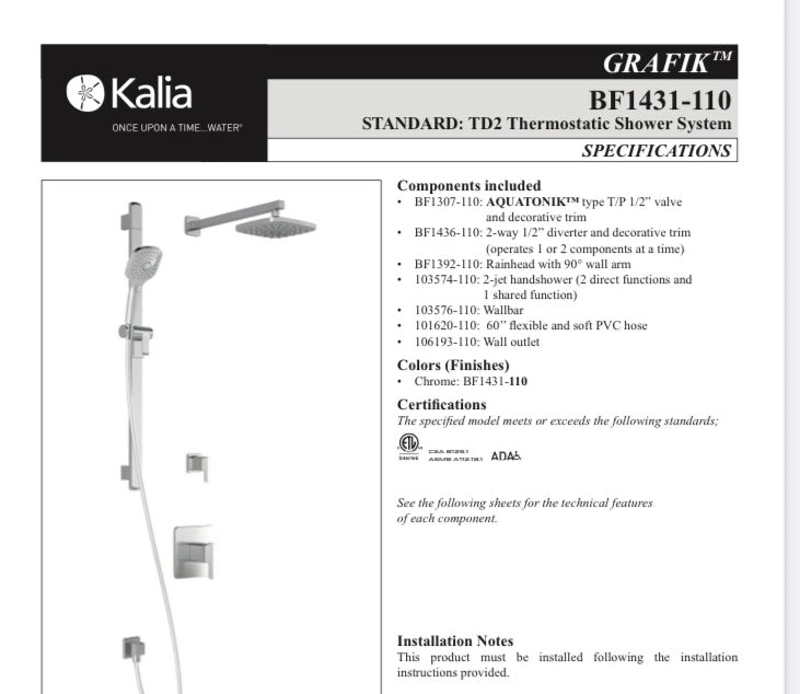 Kalia Grafik TD2 Chrome Shower System with Thermostatic Valve (New)