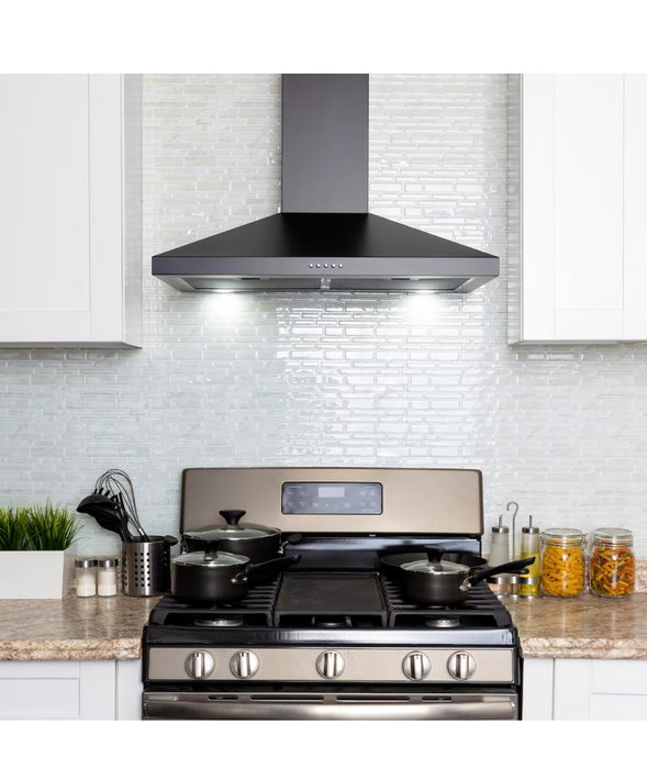 Golden Vantage 30" Wall Mount Range Hood in Black Painted Stainless Steel with Tempered Glass and Carbon Filters (new)