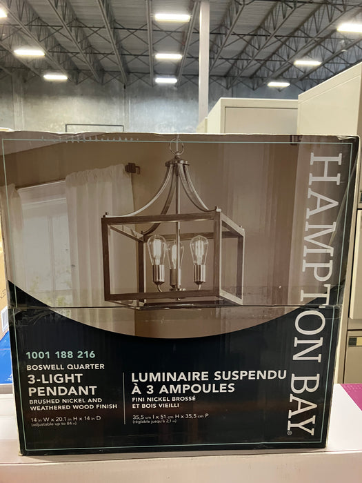 Hampton Bay Boswell Quarter 14-inch 3-Light Brushed Nickel Dining Room Table with Painted Weathered Gray Wood Accents (New)