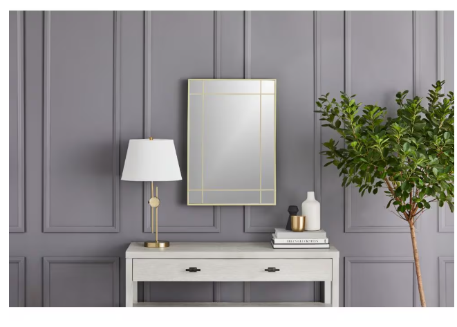 GlucksteinElements Burke 21-inch W x 30-inch H Window Panel Shape Metal Brushed Brass Framed Wall-Mounted Mirror