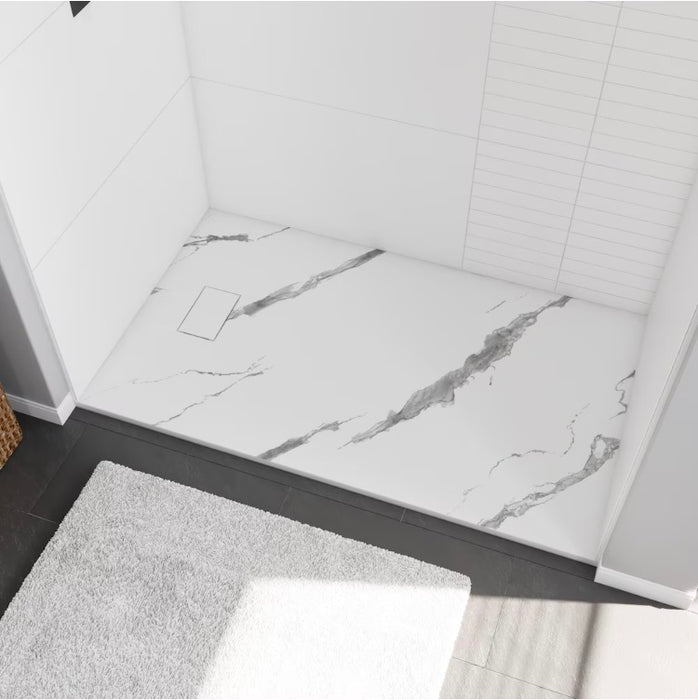 MAAX Stonea 60L x 36W Solid Surface Universal Shower Base in White Marble with Concealed End Drain (new)