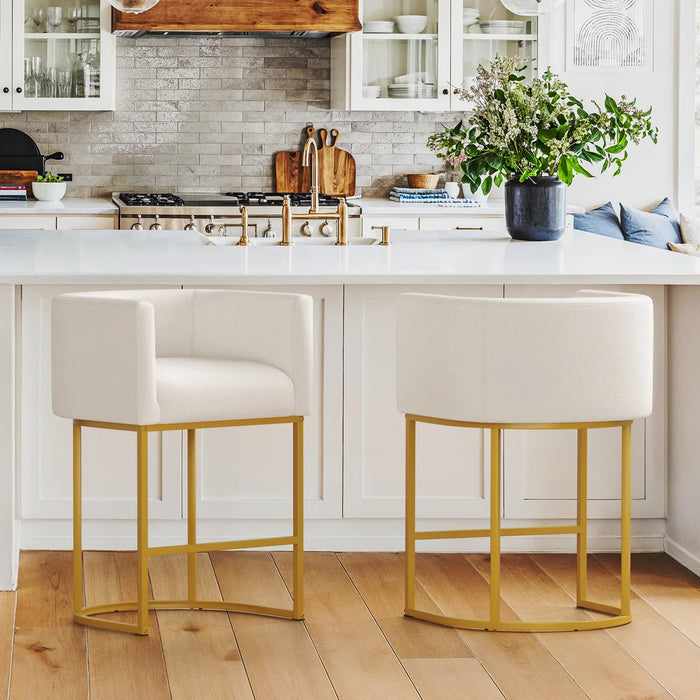 27"Upholstered Counter Height Bar Stools with Curved Barrel Back And Metal Frame - Seat Colour Frame Colour Beige Linen Seat Gold Frame - JXK-YB-311-05WF1