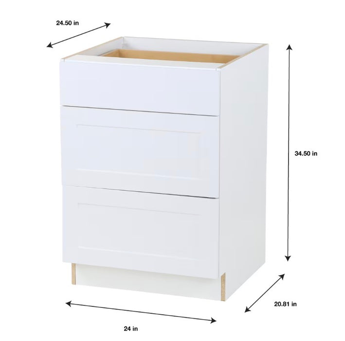 Edson 24 in. W x 35 H x 25 D Assembled Kitchen 3-Drawer Base Cabinet, White (BD243V)