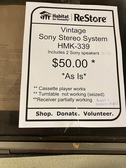 Vintage Sony Stereo System HMK-339 Includes 2 Sony Speakers (Used)
