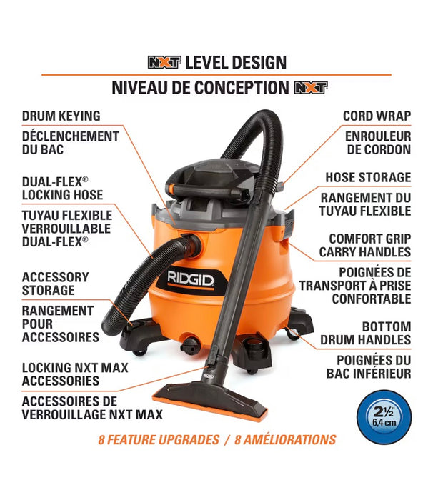 RIDGID 60L (16 Gal.) 6.5 Peak HP NXT Wet Dry Vac with Detachable Leaf Blower, Hose (missing filter) (new)