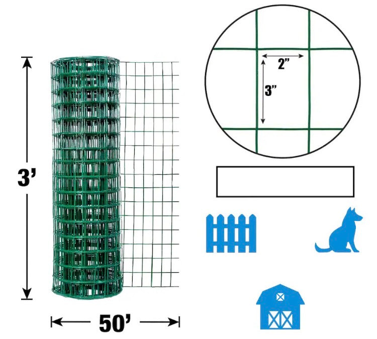 Fencer Wire 3 ft. x 50 ft. 16-Gauge Green PVC Coated Welded Wire Fence with Mesh Size 3 inch x 2 inch (new)