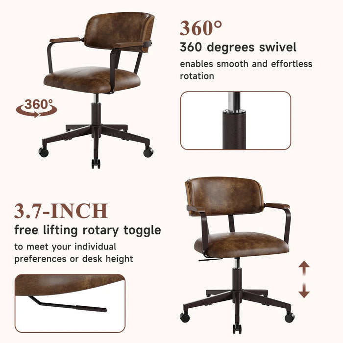 Mid-Century Modern Faux Leather Office Chair with Wood Accents, Adjustable Height Task Chair - Upholstery Colour Black Grey - DC-O01-BLACKGREY