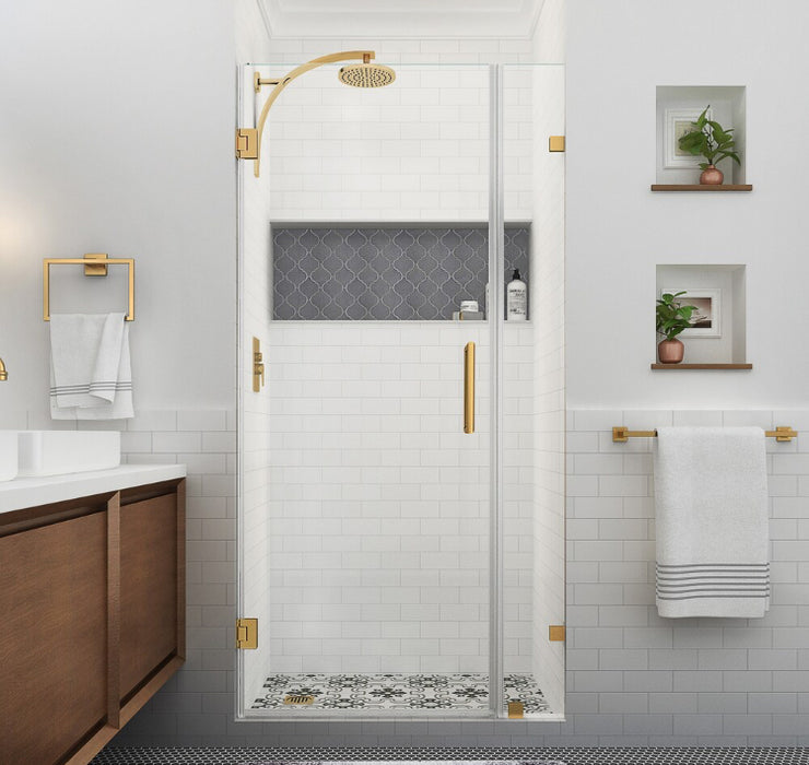 Aston Nautis XL 28.25 - 29.25 inch W x 80 inch H Hinged Frameless Shower Door, Brushed Gold, Clear Glass (New)