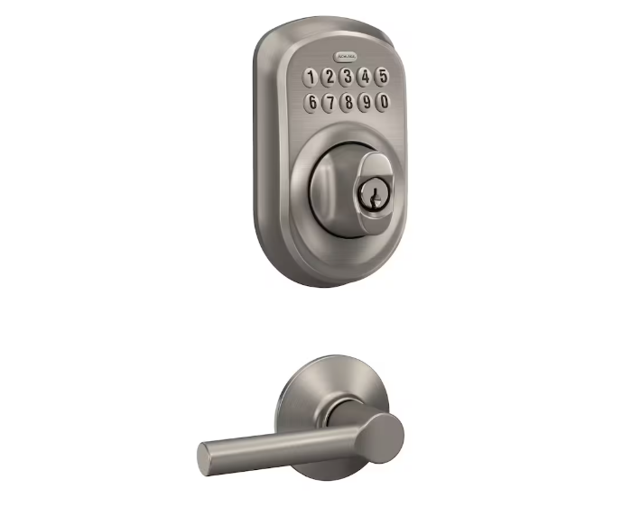 Schlage Plymouth Satin Nickel Electronic Keyless Deadbolt with Broadway Door Handle Lever Combo Rated AAA