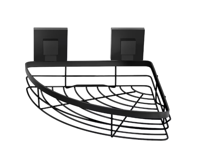 Richelieu Bathroom Shower Corner Storage Basket, 15 lb (6.8 Kg) Capacity Fusion-Loc Suction Cups, Matte Black