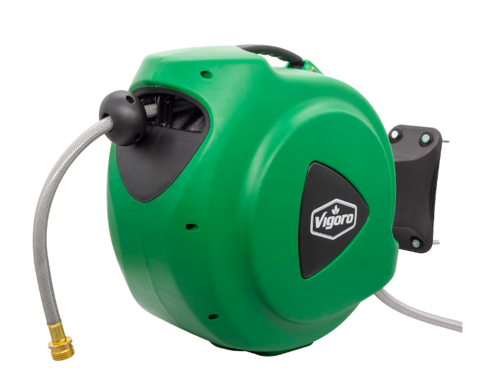 Vigoro 65 ft. Hose Length Plastic Auto Rewind Wall Mount Watering Hose Reel