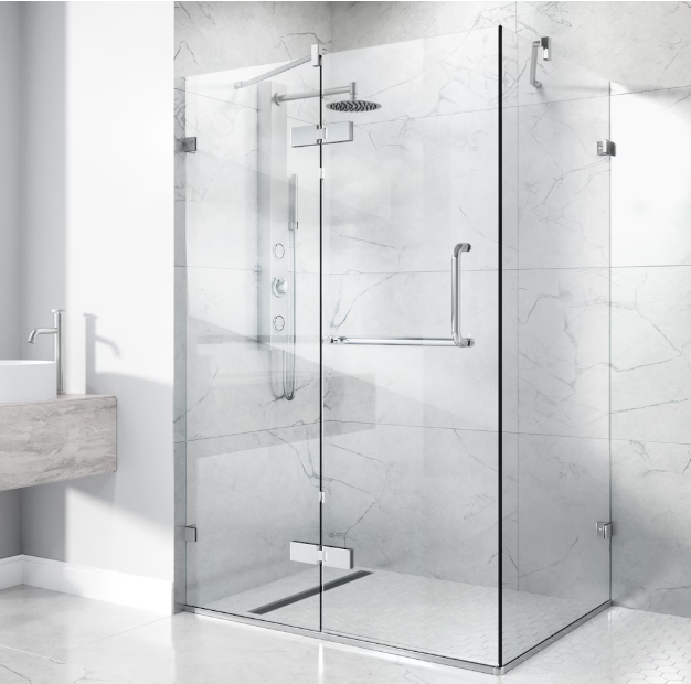 VIGO Monteray 30L x 38W x 73H in. Frameless Hinged Rectangle Corner Shower Kit in Chrome with Clear Glass