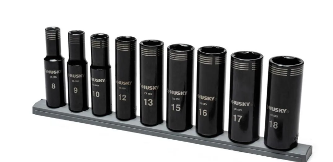 3/8 in. Drive Thin Wall Metric Deep 6-Point Impact Socket Set with Socket Rail (10-Piece)