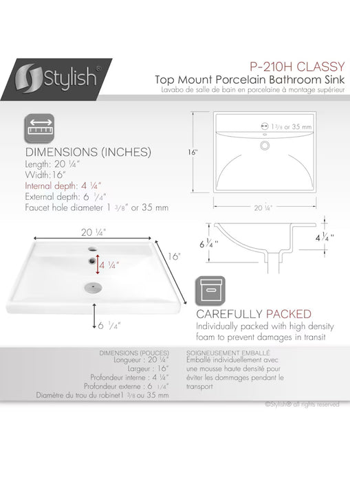 Stylish 20 1/4 inch Rectangular Top Mount Porcelain Bathroom Sink with Two Overflow Finishes included  (new)