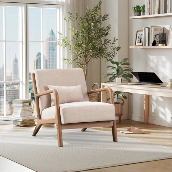 Hertford 26" Wide Mid Century Upholstered Solid Wood Accent Chair with an Extra Pillow - Body Fabric Beige Linen Blend - AWAC0001-Beige