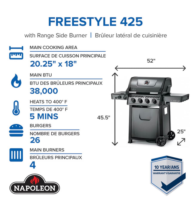 Napoleon Freestyle 425 4-Burner Propane Gas BBQ Grill in Graphite Grey with Range Side Burner (light use)