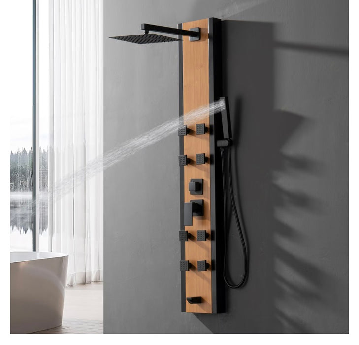 BWE 8-Jet Shower Panel System with Rainfall Waterfall Shower Head and Shower Wand in Black Bamboo (New)