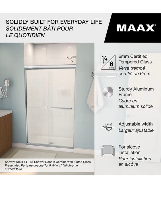 MAAX Tonik SC 55 to 59 in. W x 71 in. H Semi-Frameless ByPass Sliding Shower Door in Chrome with Clear Tempered Glass, Soft Close (new)
