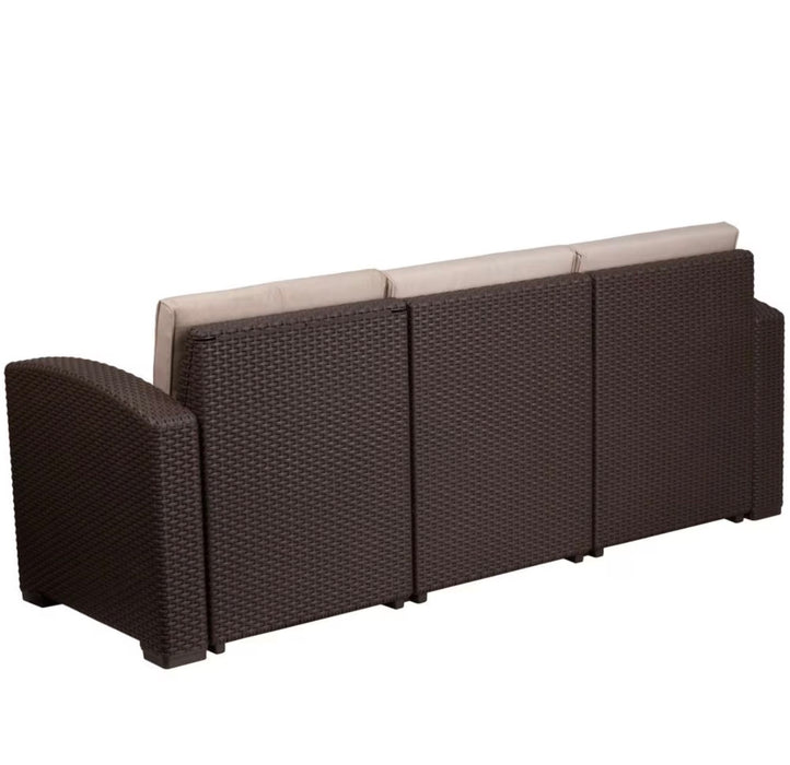 Flash Furniture Chocolate Brown Faux Rattan Sofa with All-Weather Beige Cushions (new)