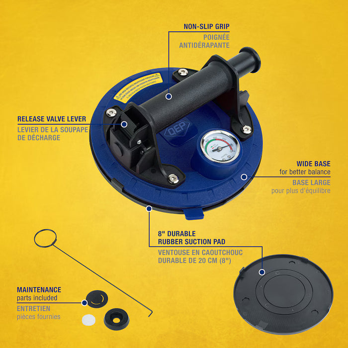 QEP 8-inch Pump Suction Cup with Safety Gauge, 285 lb. Lifting Capacity (New)