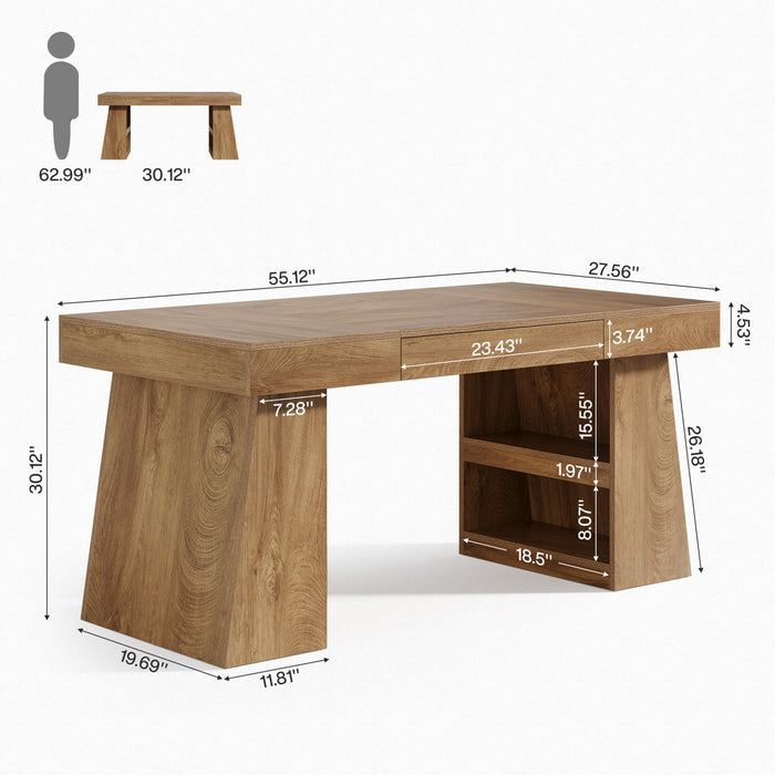 55" Executive Computer Desk With Storage Shelves & Drawer, Large Wooden Home Office Desk With Double Trapezoid Base - XDYZ-Q51082