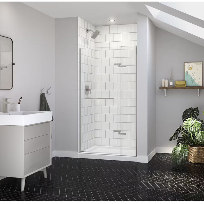 MAAX Reveal Sleek 38 to 41 in. W x 71.5 in. H Frameless Reversible Pivot Shower Door in Brushed Nickel with 8mm Clear Tempered Glass (New)