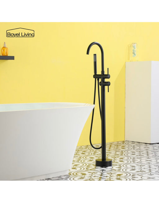 Boyel Living Freestanding Floor Mount Bath Tub Filler Faucet 2-Handle with Handheld Shower in Matte Black (new)