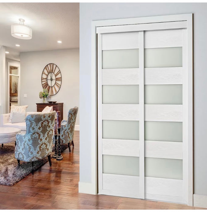 TRUporte 48-inch x 80.5-inch White 4-Lite MDF Frosted Glass Closet Sliding Door