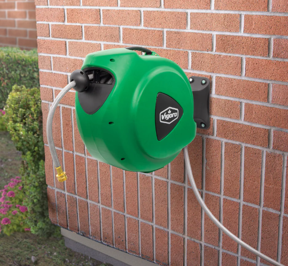 Vigoro 65 ft. Hose Length Plastic Auto Rewind Wall Mount Watering Hose Reel