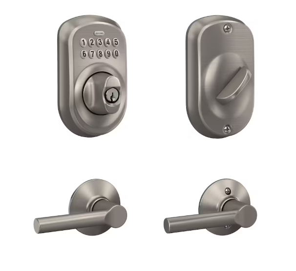 Schlage Plymouth Satin Nickel Electronic Keyless Deadbolt with Broadway Door Handle Lever Combo Rated AAA