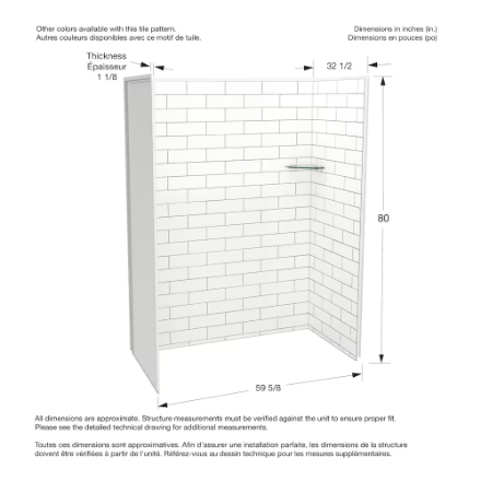 MAAX Utile 60 in. L x 32 in. W x 80 in. H 3-Panel Shower Wall Kit in Glossy White Metro Tux Subway Tile & Black Grout Featuring Maintenance-Free Evergrout® with Corner Glass Shelf (New)