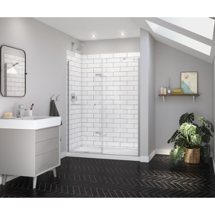 MAAX Utile 60 in. L x 32 in. W x 80 in. H 3-Panel Shower Wall Kit in Glossy White Metro Tux Subway Tile & Black Grout Featuring Maintenance-Free Evergrout® with Corner Glass Shelf (New)