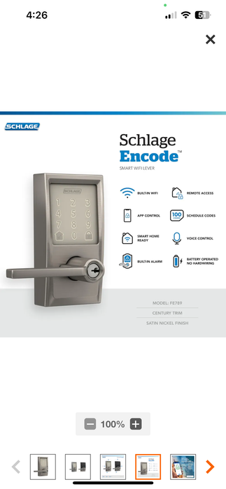 Schlage Encode Smart Lock Wifi Lever Century Satin Nickel (new)
