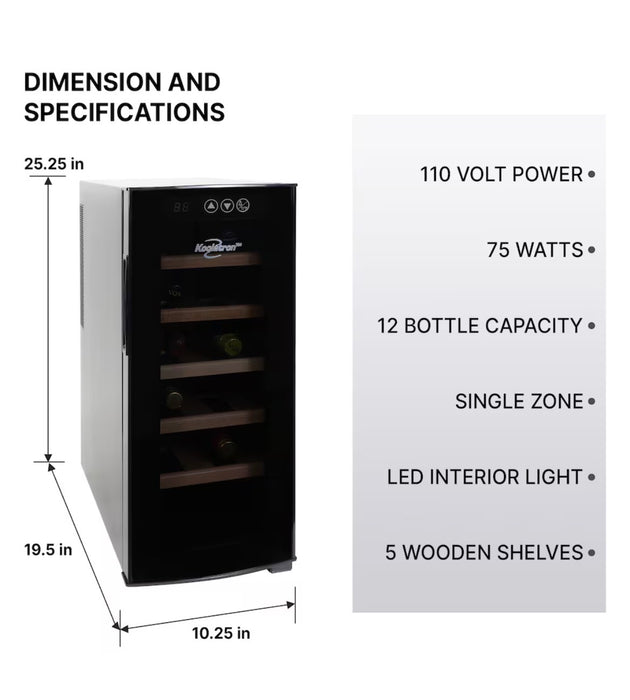 Koolatron Deluxe 12 Bottle Wine Cooler, Beech Wood Racks, Black, 1 cu. ft. (28L), Freestanding (new)