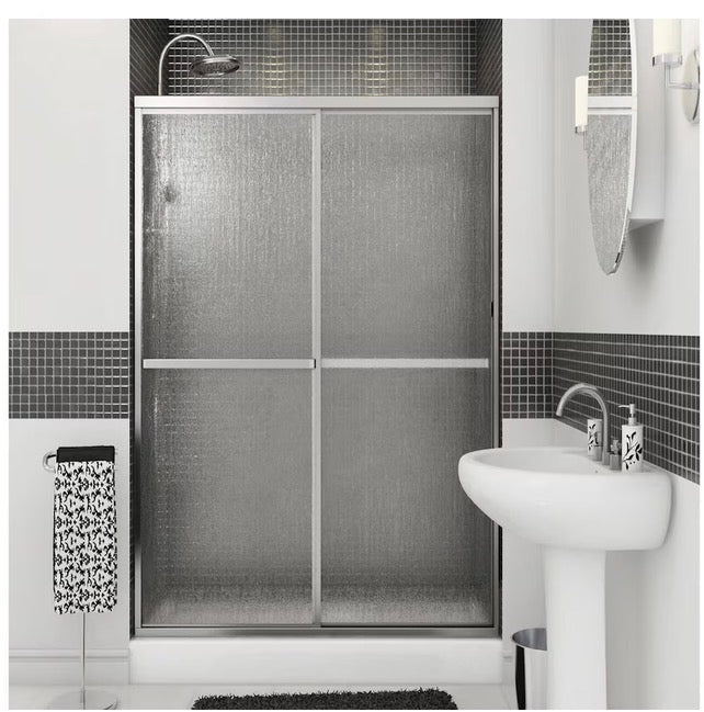 MAAX Soul 42 - 47.5W (Adjustable Width) x 68H Framed Sliding Shower Door in Chrome with Raindrop Glass (New)