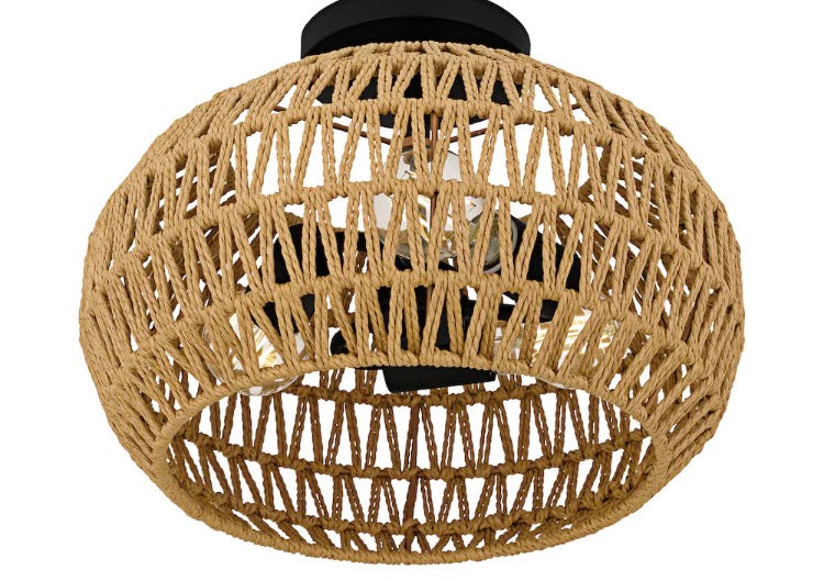 3-Light Matte Black Semi-Flush Mount Light with Natural Finish Shade