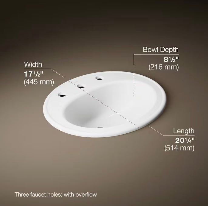 KOHLER Pennington 20-1/4-Inch Oval Drop-In Vitreous China Bathroom Sink in White with Overflow Drain (New)