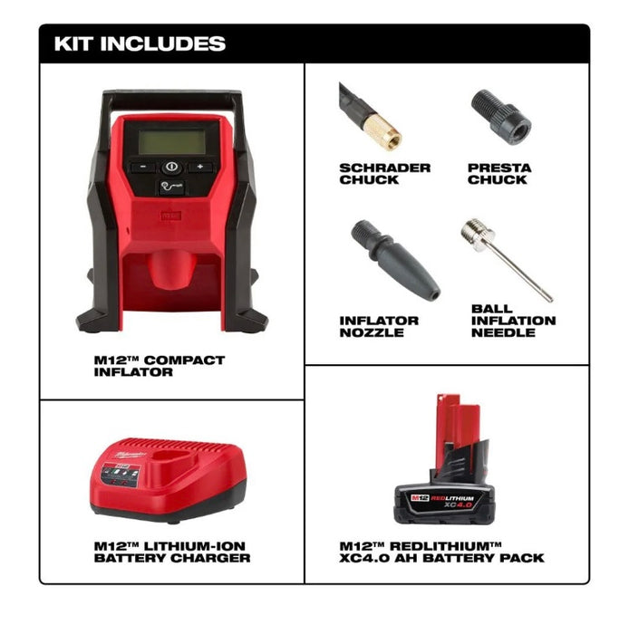 Milwaukee Tool M12 12V Lithium-Ion Cordless Compact Inflator Kit W/ 4.0Ah Battery & Charger (new)