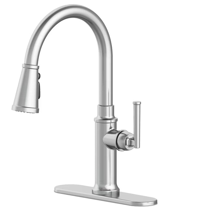 Oswell Single Handle 3-Function Spray Head Pull-Down Kitchen Faucet in Stainless Steel, Valve & Deck Plate Included