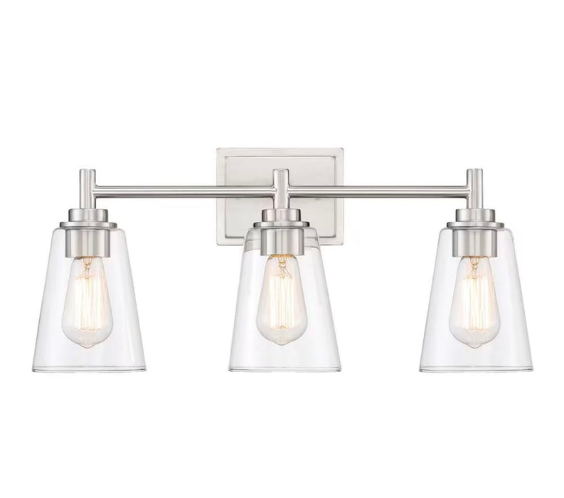 3-Light Brushed Nickel Modern Industrial Bathroom Vanity Light with Clear Glass Shades (new)