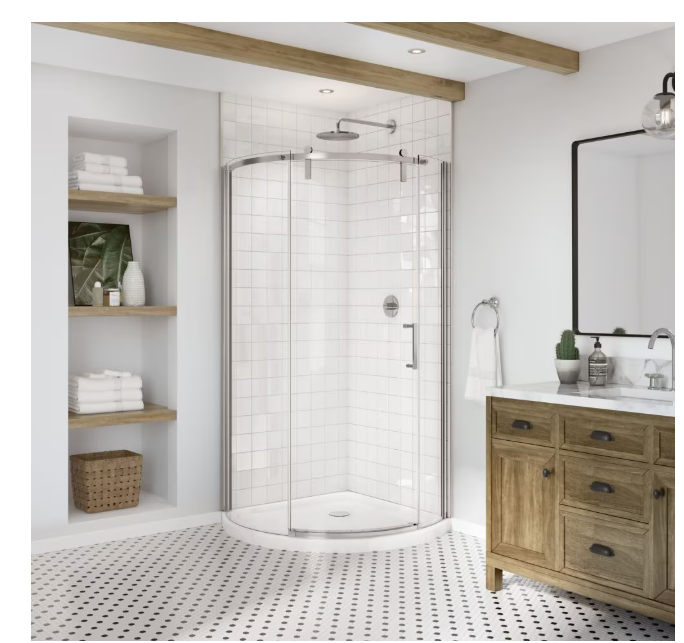 MAAX Outback Round 36W x 36L x 75.6H Frameless Sliding Shower Door, Right Hand Opening in Chrome & Clear Glass (New)