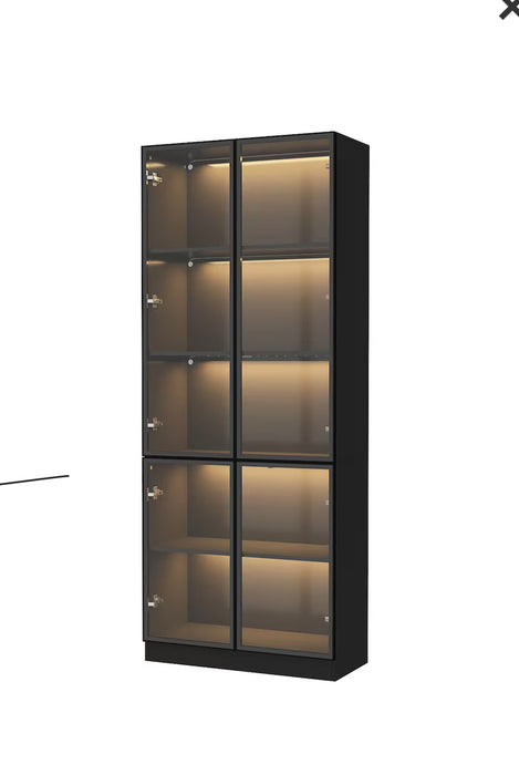 Black Wood Pantry Cabinet with Pop-Up Tempered Glass Doors & 3-Color LED Lighting (Used)