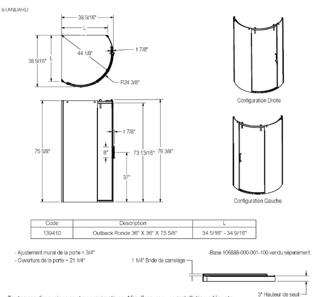 MAAX Outback Round 36W x 36L x 75.6H Frameless Sliding Shower Door, Right Hand Opening in Chrome & Clear Glass (New)