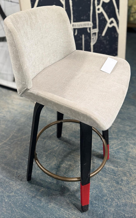 Beige Upholstered Bar Stool with Black Wooden Legs & Metal Footrest