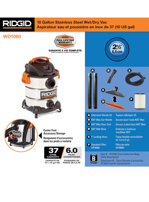 RIDGID 37.5L (10 Gal.) 6.0 Peak HP Stainless Steel Wet Dry Shop Vacuum with Filter, Hose and Accessories