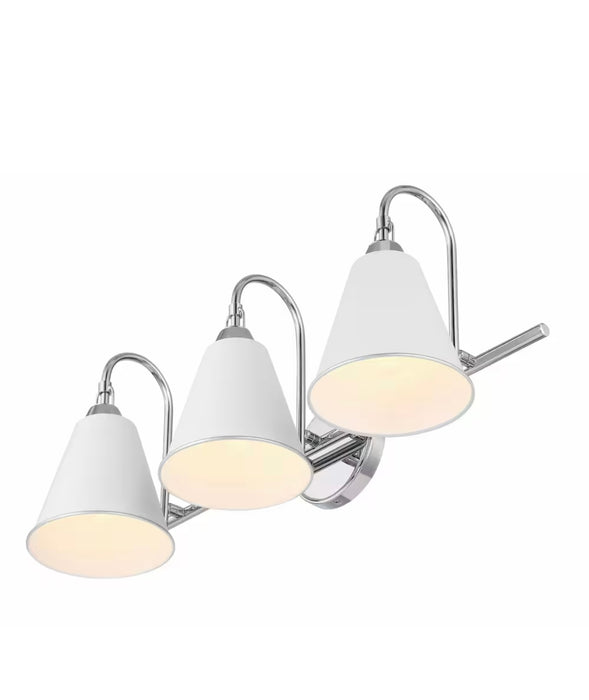 GlucksteinElements Allegra 3-Light Chrome Silver Finish & White Metal Shade Bathroom Vanity Light (new)