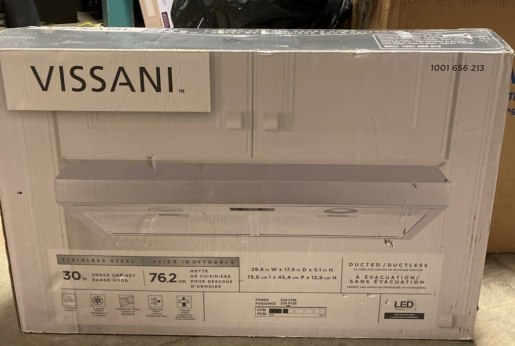 Vissani 30-inch 250CFM Convertible Under Cabinet Range Hood with 2-Speed Setting in Stainless Steel